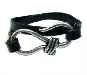 Silver hook black leather wrap bracelet