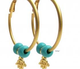Gold Hoop earrings with Hamsa and Turquoise beads